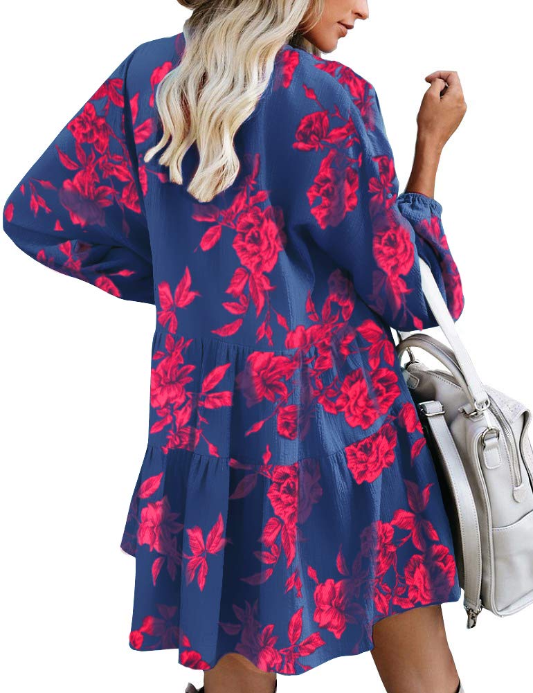 FANCYINN Womens Floral Shift Tunic Dress Long Sleeve Cover Up V Neck Ruffle Swing Chiffon Floral Prints Mini Dress Red Flower Pockets XL - Image 2
